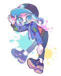  1girl baseball_cap black_hat blue_eyes blue_jacket colored_tips commentary_request fang full_body hat highres jacket korean_commentary leaning_forward looking_at_viewer medium_hair multicolored_hair octoling octoling_girl octoling_player_character open_mouth purple_hair shoes simple_background smile solo splatoon_(series) tentacle_hair thick_eyebrows two-tone_hair ufo_sw white_background 