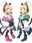  2girls animal_ear_headphones animal_ears black_skirt black_tail black_thighhighs blonde_hair blue_archive blue_necktie blush_stickers bow cat_ear_headphones closed_mouth fake_animal_ears green_eyes green_halo hair_bow halo hands_on_own_hips headphones highres jacket midori_(blue_archive) momoi_(blue_archive) multiple_girls necktie ocha_(popopogg) open_mouth pink_eyes pink_halo red_bow shirt siblings simple_background sisters skirt smile standing thigh-highs white_background white_jacket white_shirt 