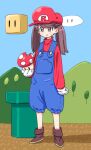  1girl :t blue_overalls boots brown_footwear brown_hair clip_studio_paint_(medium) cosplay gloves hat holding holding_mushroom kantai_collection long_hair mario mario_(cosplay) mountain mushroom overalls red_hat red_shirt ryuujou_(kancolle) shirt solo super_mario_bros. super_mario_world super_mushroom tonmoh tree twintails warp_pipe white_gloves 