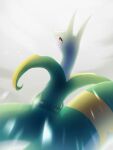  blurry blurry_foreground brown_eyes coconoketa colored_skin from_behind green_skin highres light_rays looking_at_viewer looking_back no_humans pokemon pokemon_(creature) serperior slit_pupils snake solo white_background 