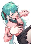  1girl absurdres bandaid blurry blurry_foreground depth_of_field ear_piercing ha_dan hair_ornament hatsune_miku highres jewelry jirai_kei long_hair long_sleeves looking_at_viewer mask mouth_mask open_mouth piercing ribbon shirt smile solo tongue tongue_out twintails vampire_(vocaloid) vocaloid 