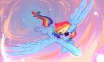  1girl artist_name blue_fur blue_wings feathered_wings flying highres mirta_sfw multicolored_hair my_little_pony my_little_pony:_friendship_is_magic no_humans open_mouth outdoors pegasus pink_eyes rainbow_dash rainbow_hair solo wings 