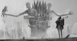  1other ambiguous_gender black_hood castle cityscape commentary_request cover cover_page giant giant_monster grey_sky highres holding_building house_backpack kohata_(kohatazuke) long_legs monster monster_focus novel_cover original partially_colored ribs rotting size_difference skeleton sky teeth wheel 