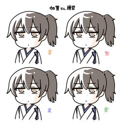  1girl bags_under_eyes brown_hair commentary expression_chart expressionless highres japanese_clothes kaga_(kancolle) kantai_collection kimono multiple_views side_ponytail tasuki tatahai translated white_kimono yellow_eyes 