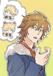  2boys animal_ears atou_haruki black_jacket blonde_hair blue_jacket brown_footwear brown_hair closed_eyes commentary_request fox_boy fox_ears fox_tail fur-trimmed_jacket fur_trim gigantea_pp gradient_background green_eyes hair_between_eyes hand_up highres isoi_reiji jacket kemonomimi_mode korean_commentary long_sleeves male_focus medium_hair multiple_boys open_clothes open_jacket open_mouth outline red_shirt saibou_shinkyoku shirt short_hair simple_background smile tail two-tone_background white_outline 