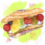  absurdres artist_name bread cream food food_focus fruit highres kiwi_(fruit) kiwi_slice no_humans original pineapple pineapple_slice takisou_sou 