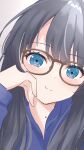  1girl absurdres black_hair blue_eyes blue_shirt blush brown-framed_eyewear close-up closed_mouth commentary glasses hand_on_own_cheek hand_on_own_face highres link!_like!_love_live! long_hair long_sleeves looking_at_viewer love_live! mole mole_on_neck murano_sayaka selfie shirt smile solo split_mouth virtual_youtuber white_background yutuki_ame 
