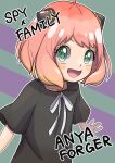  1girl :d absurdres anya_(spy_x_family) black_shirt character_name english_text eyelashes green_background green_eyes hairpods highres looking_at_viewer open_mouth pink_hair pitorigoto purple_background shirt short_hair short_sleeves smile solo spy_x_family two-tone_background 