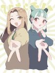  2girls :d ;d blunt_bangs cardigan chikuwa_(tikuwa_primagi) chimumu collared_shirt commentary_request double_bun green_hair grey_cardigan gyaru_v hair_bun hand_up hands_up long_hair long_sleeves looking_at_viewer multicolored_hair multiple_girls one_eye_closed open_mouth orange_hair pretty_series red_eyes shirt short_hair sidelocks smile streaked_hair translation_request upper_body v waccha_primagi! white_hair white_shirt yayoi_hina yellow_cardigan yellow_eyes 