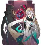  1boy 88_taho asclepius_(fate) black_jacket blue_hair coat crossed_bangs doctor fate/grand_order fate_(series) gas_mask green_eyes grey_hair hair_between_eyes hood hood_up hooded_jacket jacket long_hair looking_at_viewer male_focus mask masked mouth_mask multicolored_hair plague_doctor_mask respirator shirt solo very_long_hair white_coat white_hair 