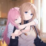  2girls apron bang_dream! bang_dream!_it&#039;s_mygo!!!!! black_sweater blue_eyes blush brown_hair chihaya_anon chinese_commentary closed_mouth commentary_request fang grin hug hug_from_behind indoors kitchen light_particles long_hair multiple_girls nagasaki_soyo pink_hair shirt skin_fang sleeves_rolled_up smile sweater turtleneck turtleneck_sweater upper_body white_apron white_shirt yun_cao_bing yuri 