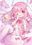  1girl ;d absurdres animal_ears blush bow bowtie child commission dress hair_between_eyes hanasaki_chiyu highres holding indie_virtual_youtuber long_hair looking_at_viewer mimikkyu_(mimikyunosub) one_eye_closed open_mouth pink_bow pink_bowtie pink_dress pink_eyes pink_hair pink_ribbon rabbit_ears ribbon sailor_dress short_sleeves sitting smile solo swing thigh-highs virtual_youtuber white_thighhighs yume_kawaii zettai_ryouiki 