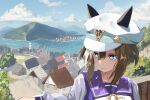  1girl animal_ears blue_eyes blue_sky bow brown_hair cheval_grand_(umamusume) clouds cloudy_sky ear_covers grass hair_between_eyes hat hay horse_ears horse_girl house long_sleeves mountain multicolored_hair ocean outdoors peaked_cap purple_shirt sailor_collar school_uniform shirt sky solo streaked_hair tracen_school_uniform tree umamusume water white_bow white_hair white_hat winter_uniform yoojp 