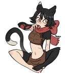  1girl absurdres ana_(ana_pijamas) animal_ears black_hair breasts butterfly_sitting cat_ears cat_girl cat_tail crop_top dungeon_meshi highres izutsumi midriff monster_girl red_scarf scarf short_hair simple_background sitting sleeveless tail white_background yellow_eyes 