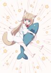  1girl 40hara animal_collar animal_ear_fluff animal_ears bare_legs barefoot blonde_hair blue_eyes cat_ears cat_girl cat_tail collar commentary_request fang full_body highres hugging_doll hugging_object kinako_(40hara) long_hair looking_at_viewer no_pants open_mouth original oversized_clothes oversized_shirt red_collar shirt short_sleeves simple_background solo star_(symbol) stuffed_animal stuffed_fish stuffed_toy t-shirt tail white_background white_shirt 