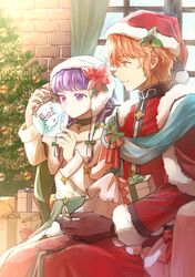  1boy 1girl artur_(fire_emblem)_(silver_saint) cape christmas fire_emblem fire_emblem:_the_sacred_stones fire_emblem_heroes flower fur-trimmed_cape fur-trimmed_sleeves fur_trim hat hat_flower highres holding holding_toy long_hair lute_(fire_emblem) lute_(winter)_(fire_emblem) official_alternate_costume purple_hair red_eyes santa_costume snow_globe toy violet_eyes yoshi_(taiko7) 