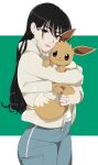  1girl black_hair brown_eyes brown_fur closed_mouth eevee freckles green_background highres holding holding_pokemon jacket long_hair looking_at_viewer original pink_lips pokemon pokemon_(creature) r3dfive simple_background smile solo standing tail two-tone_background white_background white_jacket 