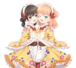  2girls :d ;d animification apron aqua_eyes bow bowtie cheek-to-cheek commentary_request crossed_bangs double_bun floral_print_kimono frilled_apron frilled_kimono frills hair_bun heads_together highres hinoshita_kaho japanese_clothes kimono link!_like!_love_live! looking_at_viewer love_live! low_twintails maid maid_headdress medium_hair multiple_girls nirei_nozomi one_eye_closed open_mouth orange_hair short_sleeves simple_background smile twintails two_side_up virtual_youtuber voice_actor voice_actor_connection wa_maid white_apron white_background yellow_bow yellow_bowtie yellow_kimono yutuki_ame 