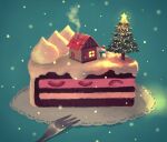  cake cake_slice chimney christmas christmas_lights christmas_ornaments christmas_tree food food_focus fork fruit house icing no_humans original pood1e snowman strawberry 