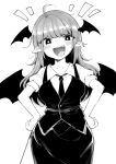  1girl :d ahoge bat_wings blunt_bangs blush breasts collarbone collared_shirt commentary_request cowboy_shot fang greyscale hands_on_own_hips harusame_(unmei_no_ikasumi) head_wings koakuma long_hair looking_at_viewer medium_breasts monochrome necktie notice_lines open_mouth pointy_ears puffy_short_sleeves puffy_sleeves shirt short_sleeves skirt smile solo standing star-shaped_pupils star_(symbol) symbol-shaped_pupils teeth touhou upper_teeth_only vest white_background wings 