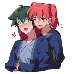  !? 2girls azumaya_koyuki blue_kimono blush bow brown_eyes commentary_request green_eyes green_hair hair_bow heart hinata_natsumi hug hug_from_behind japanese_clothes keroro_gunsou kimono long_hair looking_at_another multiple_girls nervous_sweating open_mouth red_bow redhead simple_background sweat ta_gk twintails upper_body white_background yuri 