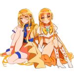  2girls blonde_hair boots closed_mouth cure_etoile cure_sunshine dress earrings frilled_dress frilled_skirt frills gloves hands_on_feet heartcatch_precure! high_heels highres hugtto!_precure jewelry kagayaki_homare legs long_hair miniskirt multiple_girls myoudouin myoudouin_itsuki parted_bangs precure precure_all_stars ribbon sekiguchi_(mitemite_mitene) short_sleeves sitting skirt star_(sky) stomach 