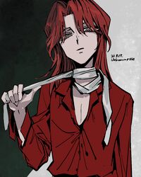  1boy bandaged_neck bandages commentary_request dated grey_eyes hair_between_eyes highres ichijou_seiya kaiji long_bangs long_hair long_sleeves looking_at_viewer male_focus open_mouth parted_bangs red_shirt redhead shirt solo unknown03162 untying upper_body 