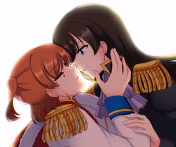  2girls aijou_karen ascot black_hair black_jacket blood blood_from_eyes blue_eyes closed_eyes commentary epaulettes hand_on_another&#039;s_arm highres imminent_kiss jacket kagura_hikari long_hair multiple_girls orange_hair parted_lips purple_ascot rissuuu shoujo_kageki_revue_starlight simple_background two_side_up upper_body white_background white_jacket yuri 