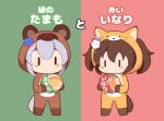  2girls animal_costume animal_ears animal_hood blush_stickers brown_hair chibi fox_costume fox_ears fox_hood fox_mask gomashio_(goma_feet) green_background grey_hair hair_between_eyes headband holding hood hood_up horse_tail inari_one_(umamusume) instant_soba instant_udon maruchan_akai_kitsune_udon maruchan_midori_no_tanuki_tensoba mask mask_on_head multiple_girls pink_background raccoon_costume raccoon_ears raccoon_hood ramen red_headband standing tail tamamo_cross_(umamusume) translation_request twintails two-tone_background umamusume |_| 