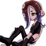  1girl black_footwear blue_hair boots cephalopod_eyes dedf1sh ear_piercing earrings gradient_hair hair_over_one_eye highres jewelry long_hair multicolored_hair octoling piercing redhead simple_background solo splatoon_(series) splatoon_3 splatoon_3:_side_order syumuchan tentacle_hair two-tone_hair white_background yellow_eyes 