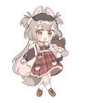  1girl :d animal_ear_fluff animal_ears backpack bag black_shirt blush blush_stickers brown_eyes brown_footwear brown_hair chibi child crossed_legs dress fang frills full_body grey_hair hair_ornament highres holding holding_stuffed_toy jjjjmmn_errr long_hair long_sleeves looking_at_viewer multicolored_hair open_mouth original plaid plaid_dress plaid_skirt puffy_long_sleeves puffy_sleeves red_skirt shirt shoes short_eyebrows simple_background sketch skirt smile socks solo squirrel_(jjjjmmn_err) standing stuffed_animal stuffed_toy tail thick_eyebrows two_side_up very_long_hair white_background white_socks 