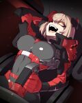  1girl absurdres armored_bodysuit armored_core armored_core_6 armored_leotard azur_lane blonde_hair bodysuit breasts fortified_suit glowing glowing_eyes highres huge_breasts hyperbudd original roon_(azur_lane) skin_tight solo yandere yandere_trance yellow_eyes 