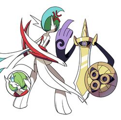  aegislash anger_vein arm_blade bob_cut cape colored_skin gallade gardevoir green_hair hair_over_one_eye holding holding_shield mega_gallade mega_gardevoir mega_pokemon middle_finger one-eyed pokemio pokemon pokemon_(creature) shield simple_background sweatdrop sword violet_eyes weapon white_background white_cape white_skin 