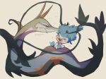 amujamu artist_name bird blue_hair blush closed_eyes closed_mouth colored_sclera duck highres looking_at_another no_humans plant pokemon pokemon_(creature) quaxly red_eyes red_sclera serperior simple_background snake vines white_background white_fur 