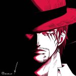  1boy aboude_art artist_name closed_mouth facial_hair hat instagram_logo instagram_username limited_palette looking_at_viewer male_focus one_piece redhead scar scar_across_eye scar_on_face shanks_(one_piece) short_hair signature solo straw_hat 