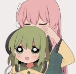  2girls blush closed_eyes green_eyes green_hair hand_up hat hata_no_kokoro highres hug komeiji_koishi long_hair long_sleeves looking_up mask mask_on_head multiple_girls nekokawaii_milk open_mouth pink_hair smile touhou 