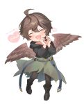  1boy :d aged_down ahoge belt black_hoodie blue_belt brown_hair brown_wings cape commentary_request dated endend_(shinia) english_commentary facing_viewer feathered_wings full_body granblue_fantasy green_cape hair_between_eyes heart heart_hands high_heels hood hood_down hoodie male_focus messy_hair mixed-language_commentary sandalphon_(granblue_fantasy) short_hair smile solo translation_request white_background wings 