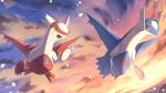  artist_name blue_wings full_body highres latias latios looking_at_another makoto_ikemu midair pokemon pokemon_(creature) red_eyes red_wings signature sky sunset wings yellow_eyes 