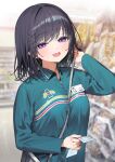  1girl :d absurdres bag black_hair blurry blurry_background blush breasts character_name collared_jacket commentary_request convenience_store green_jacket highres holding holding_paper id_card indoors itohana jacket long_sleeves looking_at_viewer medium_hair open_mouth original paper shop smile solo standing tongue translation_request violet_eyes 