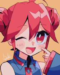  1girl alternate_hairstyle blush collared_shirt double_bun hair_bun index_finger_raised kasane_teto long_sleeves one_eye_closed open_mouth orange_background red_eyes redhead shirt sleeveless sleeveless_shirt smile solo utau yuusuke-kun 