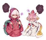  1boy 1girl arm_up backpack bag blush brooch brown_cape brown_eyes cape cookie_run crown crying drawstring earmuffs food-themed_hair_ornament fur-trimmed_cape fur_trim gloves hair_ornament holding_strap hood hood_up hoodie jewelry korean_text long_sleeves open_mouth pink_hair pink_hoodie sapphire_(nine) short_hair simple_background speech_bubble strawberry_cookie strawberry_crepe_cookie strawberry_hair_ornament sweater translation_request white_background white_gloves white_hair white_sweater 