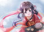  1girl :d black_eyes black_hair blush chinese_clothes cup hair_ribbon hair_rings hanfu highres japanese_clothes kettle long_hair long_sleeves looking_at_viewer open_mouth qixiong_ruqun red_ribbon ribbon ruqun smile solo sunnyhsiung tea teacup teapot teeth twintails upper_teeth_only wide_sleeves 