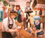  3girls 6+boys animal_ears bennett_(genshin_impact) black_shirt blonde_hair blue_eyes blue_hair blue_shirt blue_vest breasts brown_fur brown_hat cafe chalseu chongyun_(genshin_impact) closed_mouth cyno_(genshin_impact) diluc_(genshin_impact) dog dog_tail fox_ears genshin_impact highres kaveh_(genshin_impact) labrador_retriever long_hair medium_breasts multiple_boys multiple_girls navia_(genshin_impact) necktie nilou_(genshin_impact) open_mouth ponytail red_eyes red_necktie redhead shiba_inu shirt smile tail thoma_(genshin_impact) tighnari_(genshin_impact) tongue vest white_shirt yoimiya_(genshin_impact) 