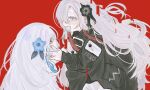  2girls black_coat black_flower blue_flower blue_hair blush coat dress dual_persona expressionless eye_contact faoru_ofuton flower glitch grey_eyes grey_hair hair_flower hair_ornament hair_over_one_eye hands_on_another&#039;s_cheeks hands_on_another&#039;s_face isekai_joucho kamitsubaki_studio long_hair looking_at_another multicolored_hair multiple_girls open_mouth red_background red_eyes redhead simple_background smile two-tone_hair very_long_hair virtual_youtuber white_dress 