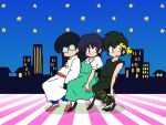  1girl 2boys bandana black_footwear black_hair glasses hibiki_ryouga mousse_(ranma_1/2) multiple_boys ranma_1/2 retro_artstyle short_hair socks star_(symbol) tendou_akane urusei_yatsura wanta_(futoshi) white_socks yellow_bandana 