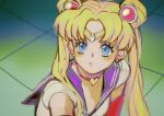  1girl bishoujo_senshi_sailor_moon blonde_hair blue_eyes blue_sailor_collar choker circlet commentary derivative_work earrings heart heart_choker highres insect_candy jewelry looking_up magical_girl meme on_ground sailor_collar sailor_moon sailor_moon_redraw_challenge_(meme) sailor_senshi_uniform screenshot_redraw solo tsukino_usagi twintails upper_body 