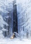  1girl artist_name black_dress black_hair blue_eyes branch cold dress fire flower forest highres illumi999 looking_ahead nature on_ground original outdoors own_hands_together sitting snow snow_on_tree solo tree white_flower white_wings wings 