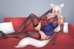  1girl absurdres animal_ears blue_eyes breasts cat_ears cat_girl cat_tail emma_pressure highres legs long_hair mature_female medium_breasts simple_background smile solo tail thigh-highs thighs 