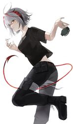  1girl arknights bandaged_leg bandages black_footwear black_pants black_shirt black_t-shirt boots collarbone demon_girl demon_horns demon_tail explosive foot_out_of_frame grenade grenade_pin grey_hair hands_up highres holding holding_grenade horns leg_up looking_at_viewer looking_back multicolored_hair noyane official_alternate_costume pants pouch profile red_horns red_tail shirt short_hair short_sleeves simple_background smile solo streaked_hair t-shirt tail two-tone_hair w_(arknights) w_(fugue)_(arknights) white_background yellow_eyes 