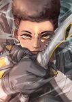  1girl animification apex_legends bangalore_(apex_legends) black_gloves brown_eyes brown_hair bulletproof_vest cold_steel_(apex_legends) dark-skinned_female dark_skin dual_wielding flattop gloves highres holding holding_knife knife kukri looking_at_viewer mochinoco portrait solo straight-on wind 